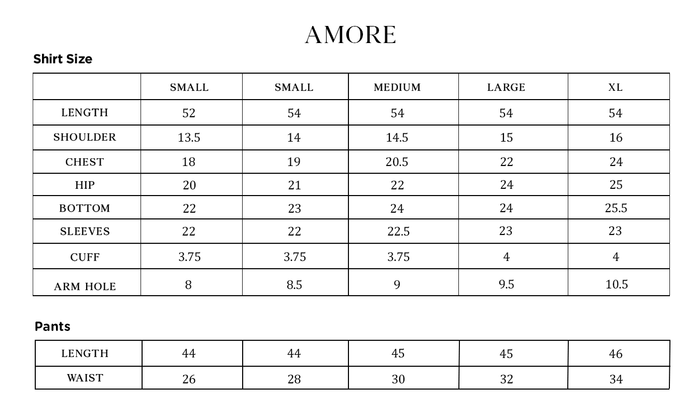 AMORE Size Chart