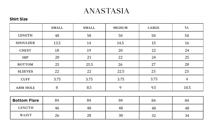 ANASTASIA Size Chart