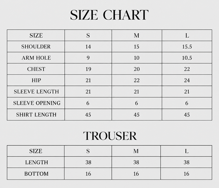 Aquarelle Size Chart