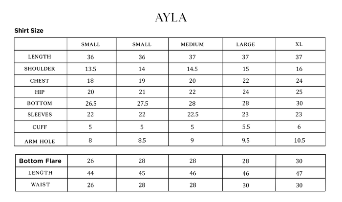 AYLA Size Chart