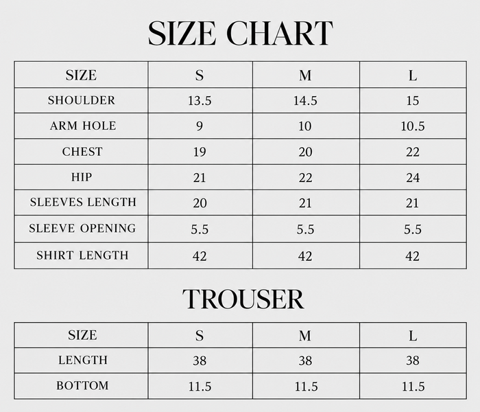 Calla Size Chart