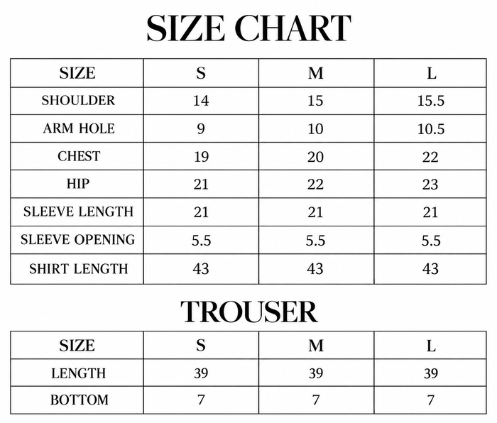 Verdure Size Chart