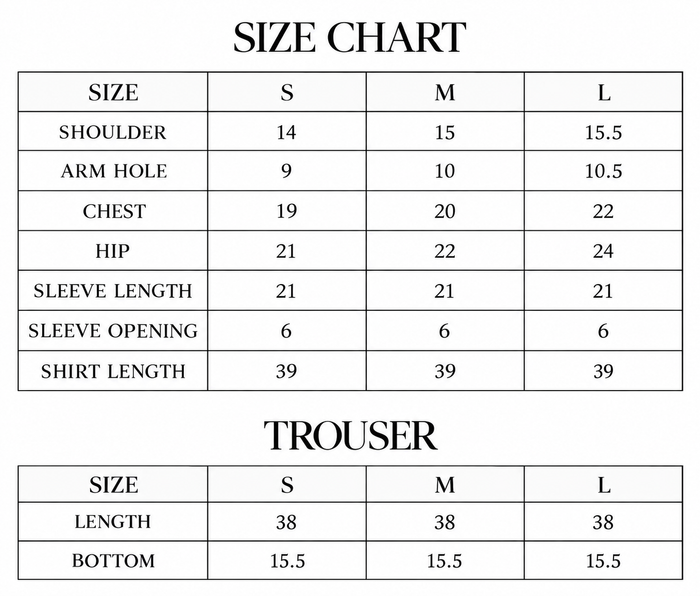 Sunmist Size Chart