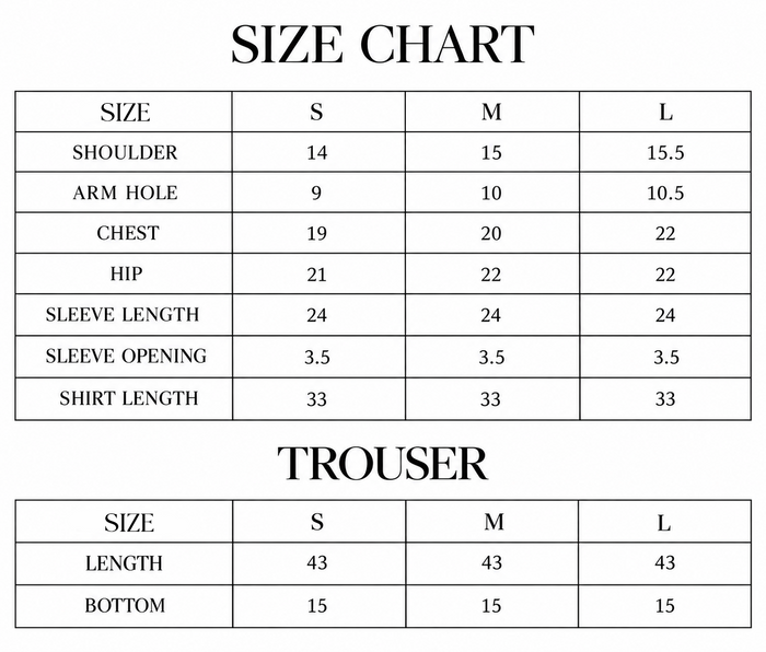 Dewrose Size Chart