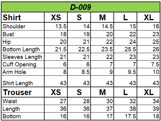 D-09 Size Chart