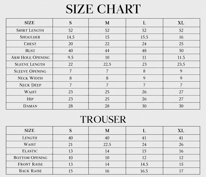 Daria Size Chart