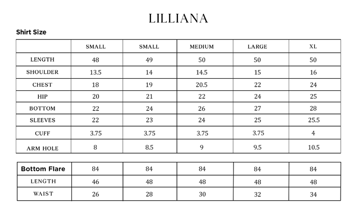 LILLIANA Size Chart