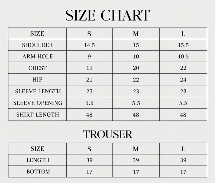 Midnoon Size Chart