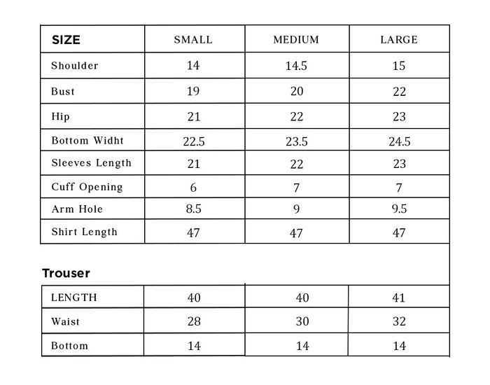 Nashmia Size Chart