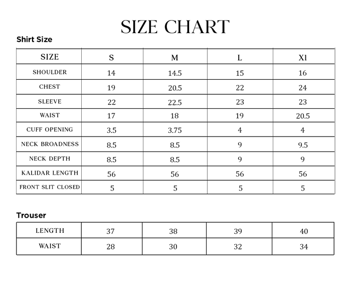 Screen print Angrakha Size Chart
