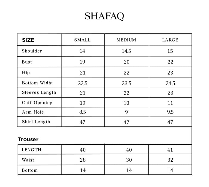 Shafaq Size Chart