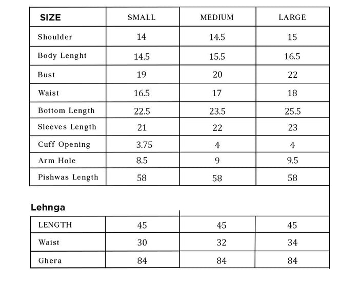 Shehwar Size Chart